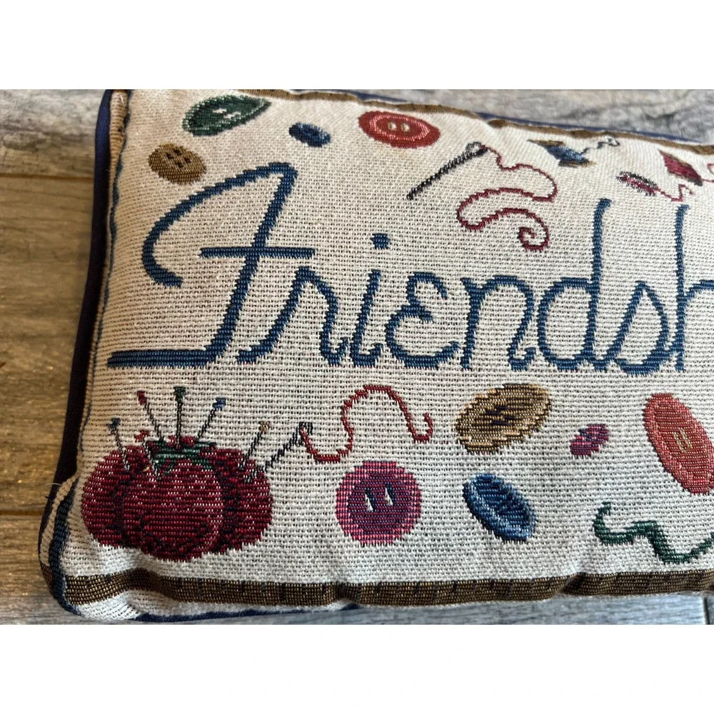 Friendship Pillow Needlepoint Throw Cottage‎ Button Pin Sewing Quilting Friends
